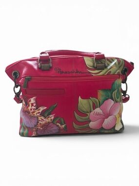 Anuschka Red Floral Hand-Painted Leather Satchel